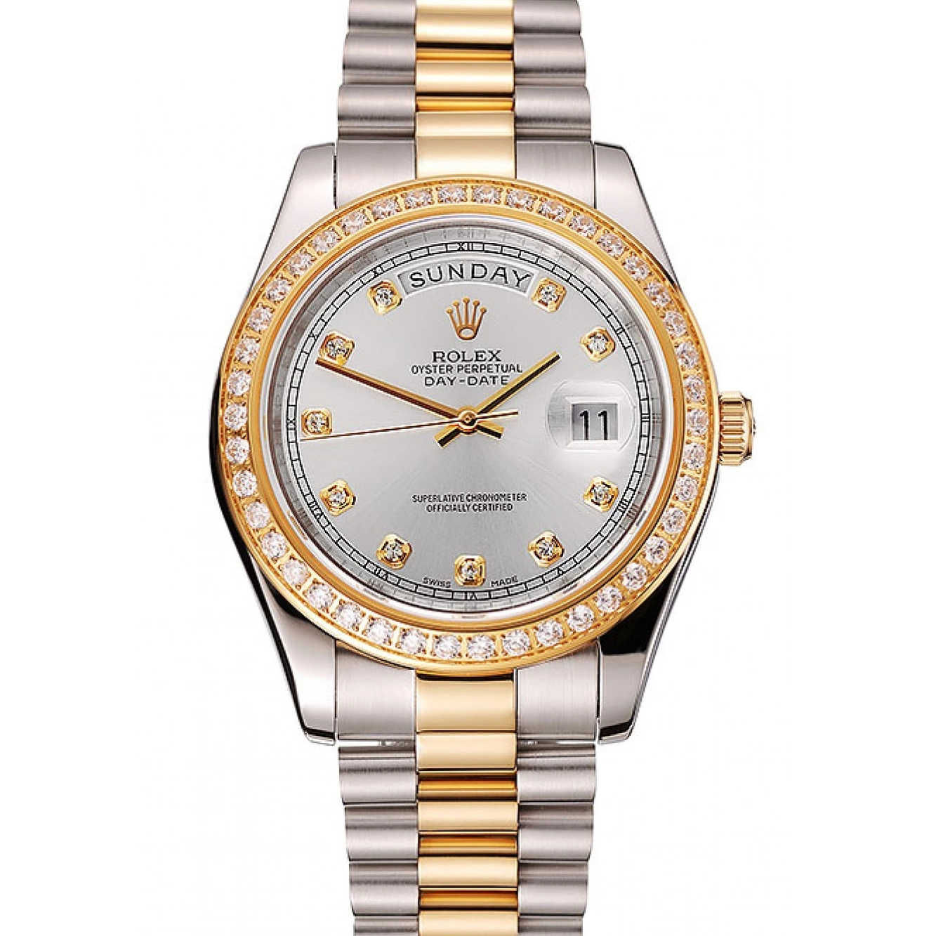 AAA Replica Watches Bracelet Case Rolex White Diamond Two Day-Date 1453971 Swiss Dial Stainless Tone Gold Steel 0723